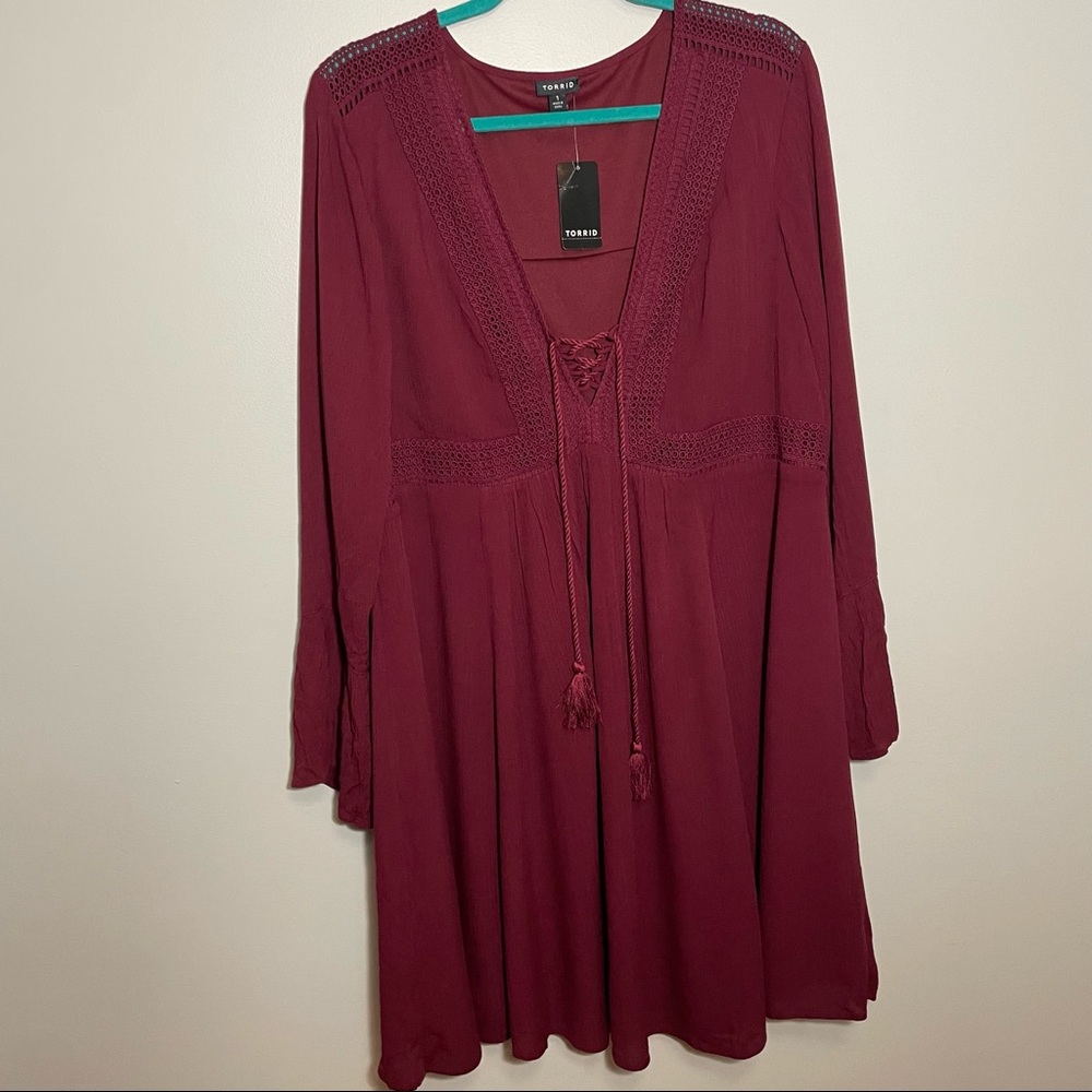 Torrid burgundy plus size bohemian dress. Size 1, brand new with tags